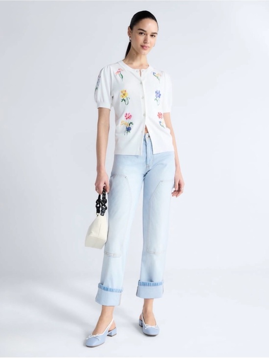 Free Assembly Tops - Free Assembly Embroidered Cardigan Sweater with Puff Sleeves Women’s Size Small
